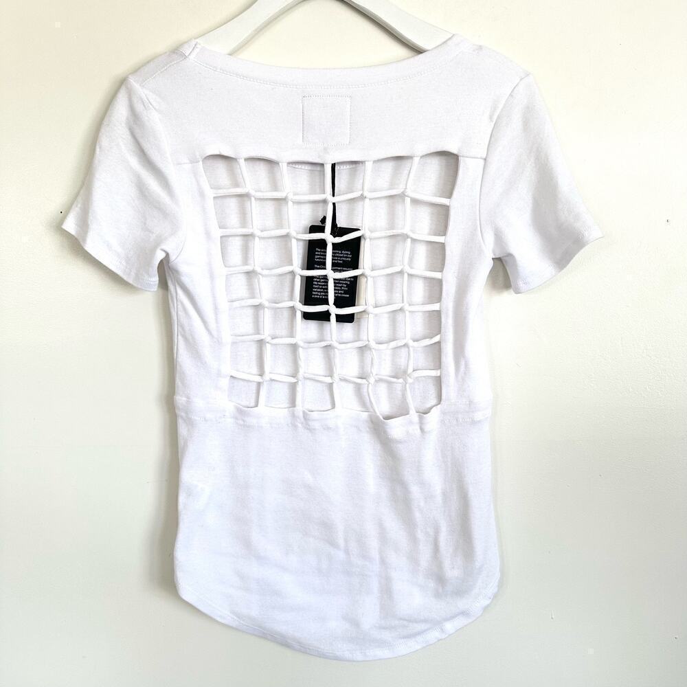 Chaser Women's White Lattice Grid Knit Open Back Short Sleeve T-Shirt Size XS